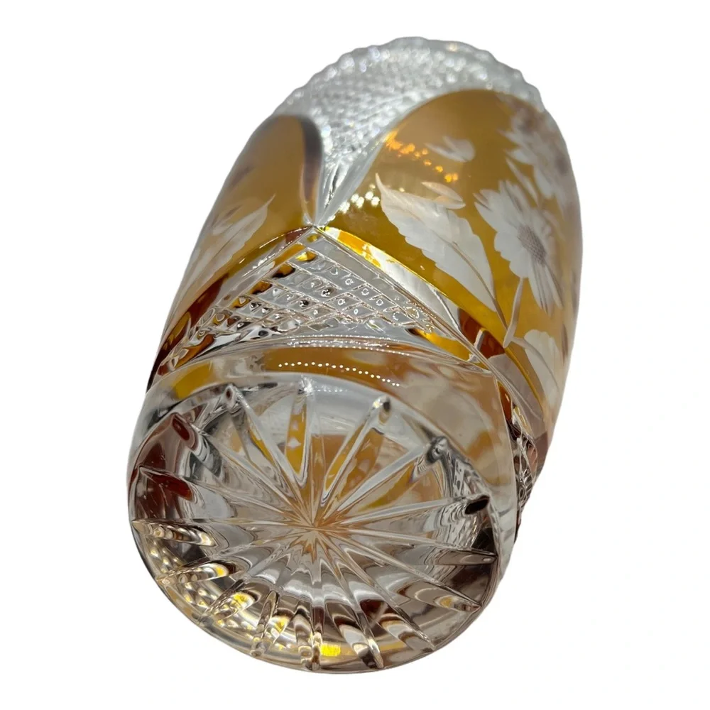 Czech Amber Crystal Three Panel Vase MCM Elegant Glass Vase